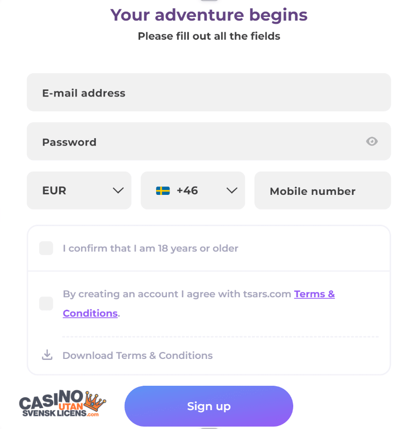 Skapa konto hos Tsars casino